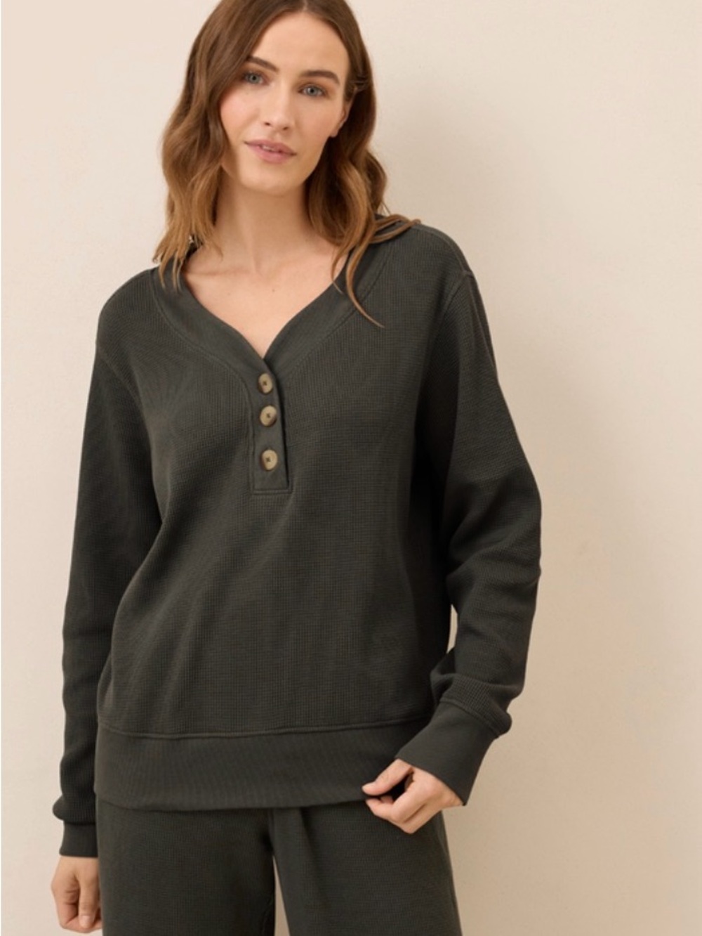 Pact Olive Waffle-Knit Henley Top